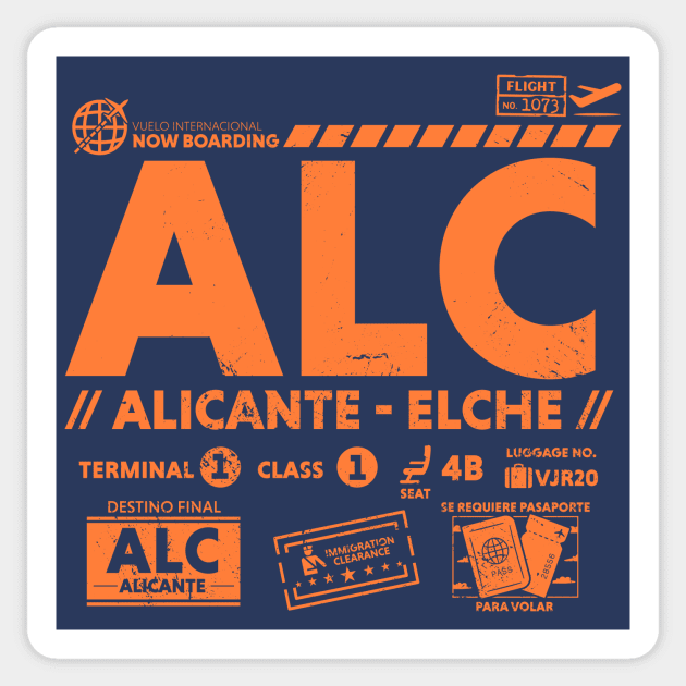 Vintage Alicante Elche ALC Airport Code Travel Day Retro Travel Tag Spain Sticker by Now Boarding